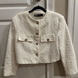 Zara White Cropped Tweed Jacket — size Small